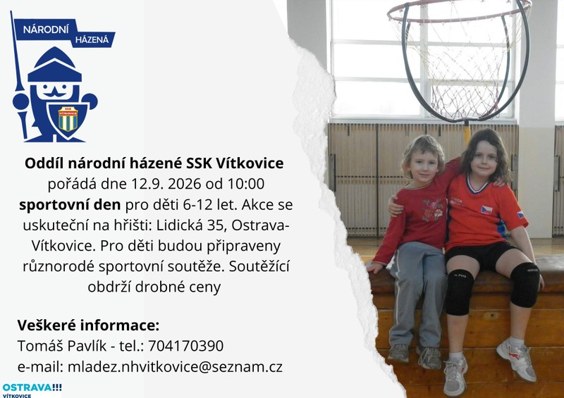 Oddíl národní házené SSK Vítkovice pořádá sportovní den, a to 12. 9. 2026