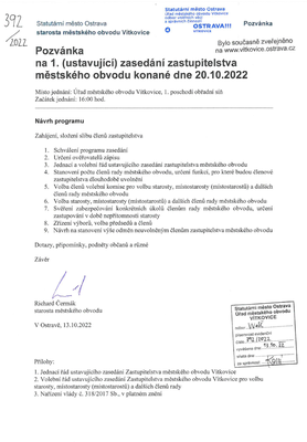 Pozvánka na 1. (ustavující) zasedání Zastupitelstva městského obvodu Vítkovice