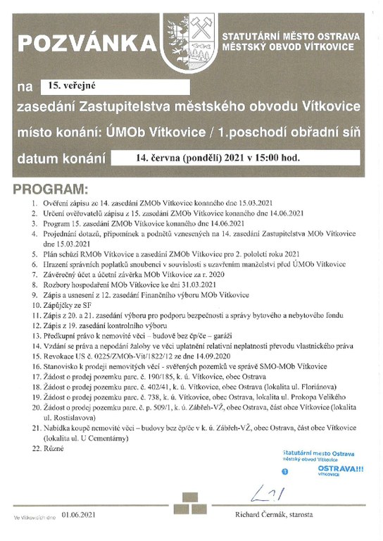 Pozvánka na 15. zasedání zastupitelstva městského obvodu Vítkovice 