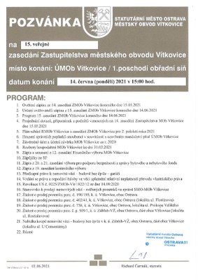 Pozvánka na 15. zasedání zastupitelstva městského obvodu Vítkovice 