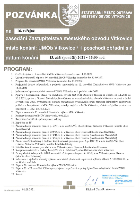 Pozvánka na 16. zasedání zastupitelstva městského obvodu Vítkovice 
