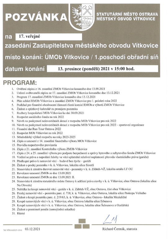 Pozvánka na 17. zasedání zastupitelstva městského obvodu Vítkovice  