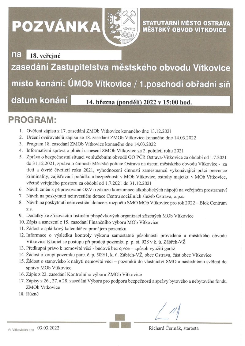 POZVÁNKA NA 18. ZASEDÁNÍ ZASTUPITELSTVA MĚSTSKÉHO OBVODU VÍTKOVICE