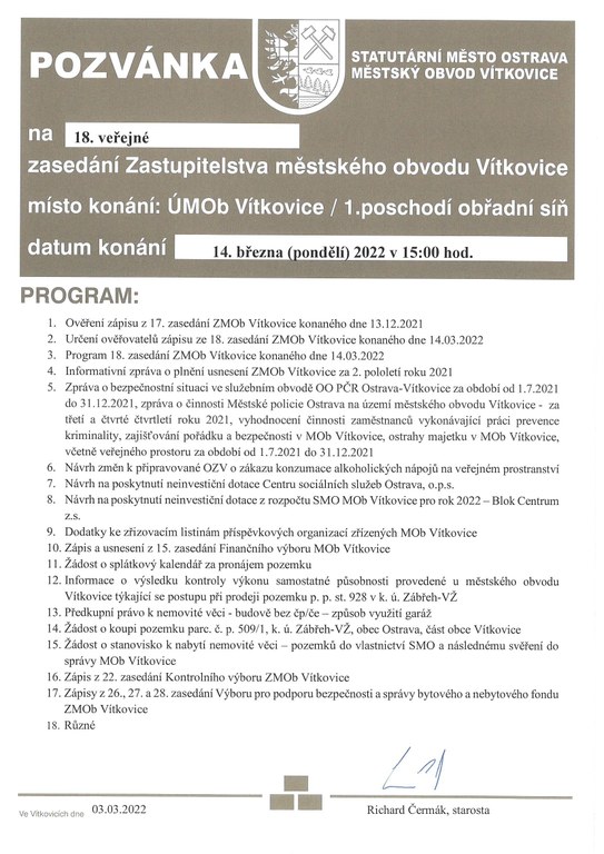 POZVÁNKA NA 18. ZASEDÁNÍ ZASTUPITELSTVA MĚSTSKÉHO OBVODU VÍTKOVICE