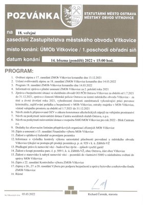 POZVÁNKA NA 18. ZASEDÁNÍ ZASTUPITELSTVA MĚSTSKÉHO OBVODU VÍTKOVICE