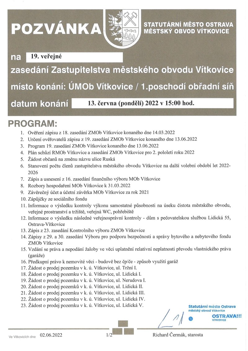Pozvánka na 19. zasedání Zastupitelstva městského obvodu Vítkovice 