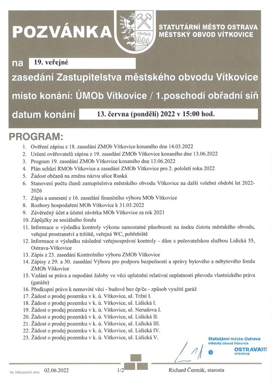 Pozvánka na 19. zasedání Zastupitelstva městského obvodu Vítkovice 