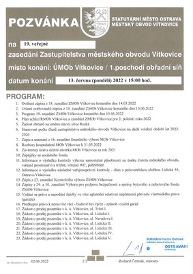 Pozvánka na 19. zasedání Zastupitelstva městského obvodu Vítkovice 