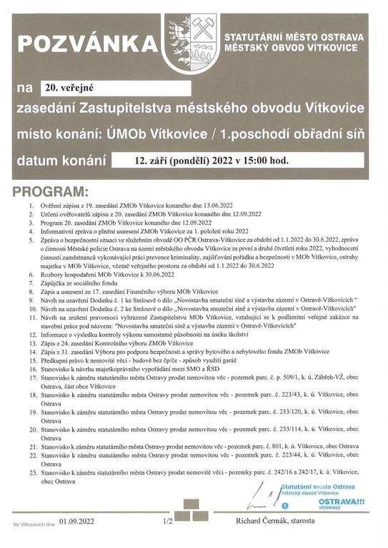 Pozvánka na 20. zasedání Zastupitelstva městského obvodu Vítkovice