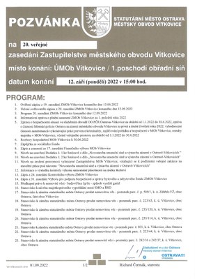 Pozvánka na 20. zasedání Zastupitelstva městského obvodu Vítkovice