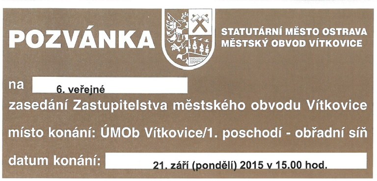 Pozvánka na 6. veřejné zasedání Zastupitelstva městského obvodu Vítkovice dne 21. září 2015