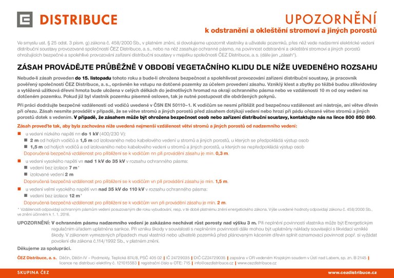 UPOZORNĚNÍ k odstranění a okleštění stromoví a jiných porostů.